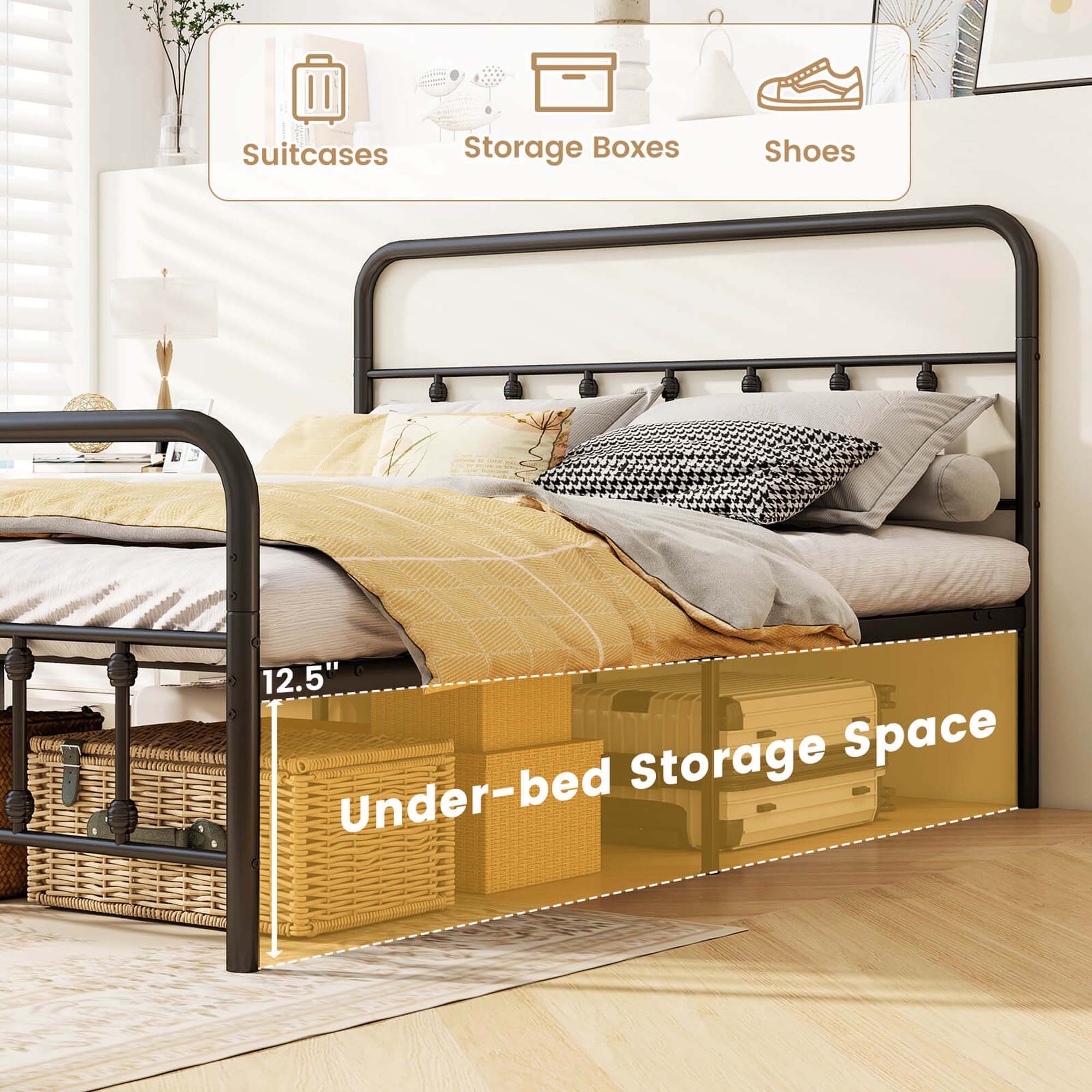 The text on the image is grouped as follows:

1. Suitcases: This refers to the storage capacity of the bed, which can accommodate multiple suitcases.
2. Storage Boxes: This refers to the storage space provided by the bed, which can be used to store items in boxes.
3. Shoes: This refers to the storage capacity of the bed, which can accommodate multiple pairs of shoes.
4. 12.5" Storage Space: This refers to the amount of storage space provided by the bed, which is 12.5 inches.
5. Under-bed: This refers to the storage space provided by the bed, which is located underneath the mattress.