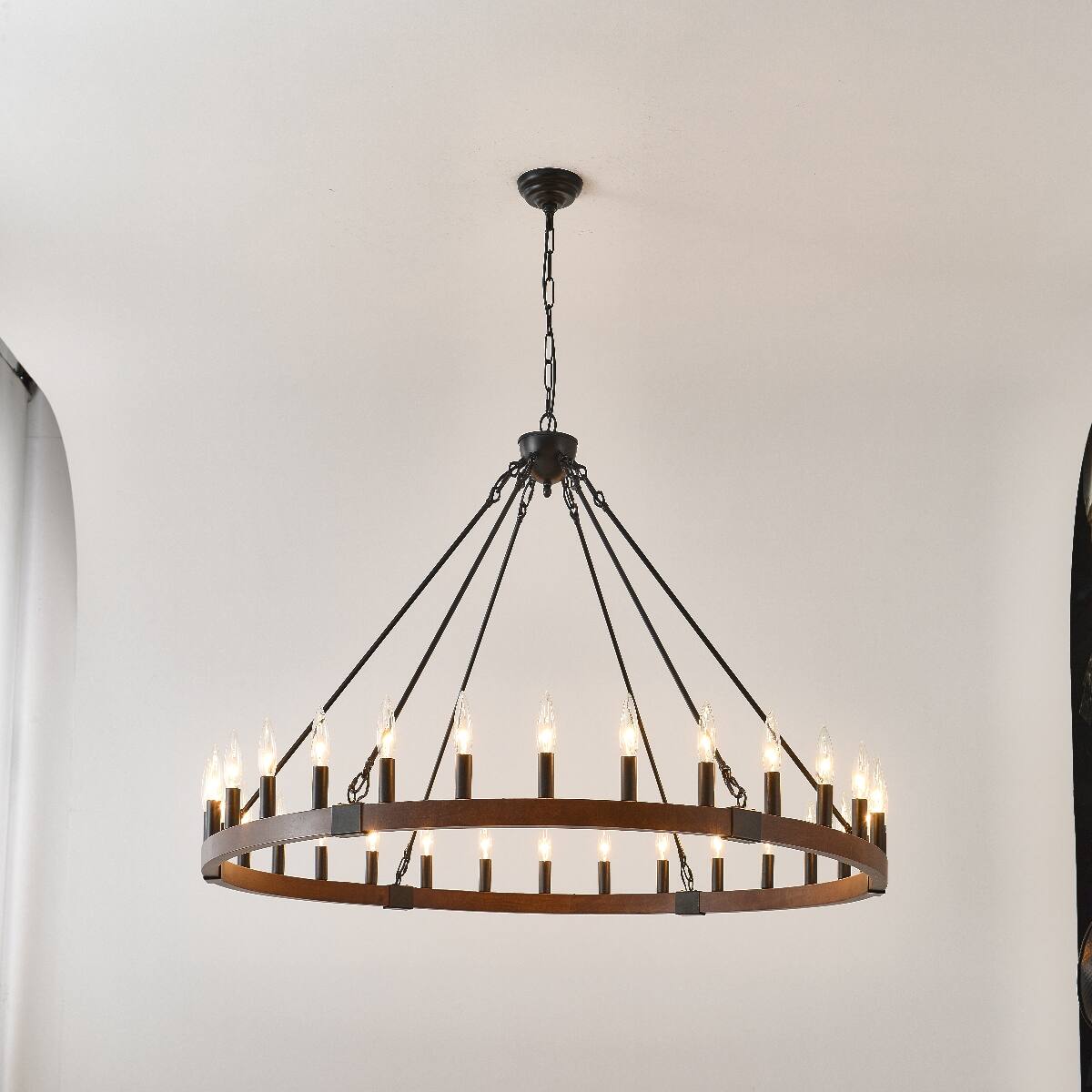 Angle. Loheer - Loheer 30 Light Wood Wagon Wheel Chandelier, Matte Black Farmhouse Pendant Light for Dining Room.