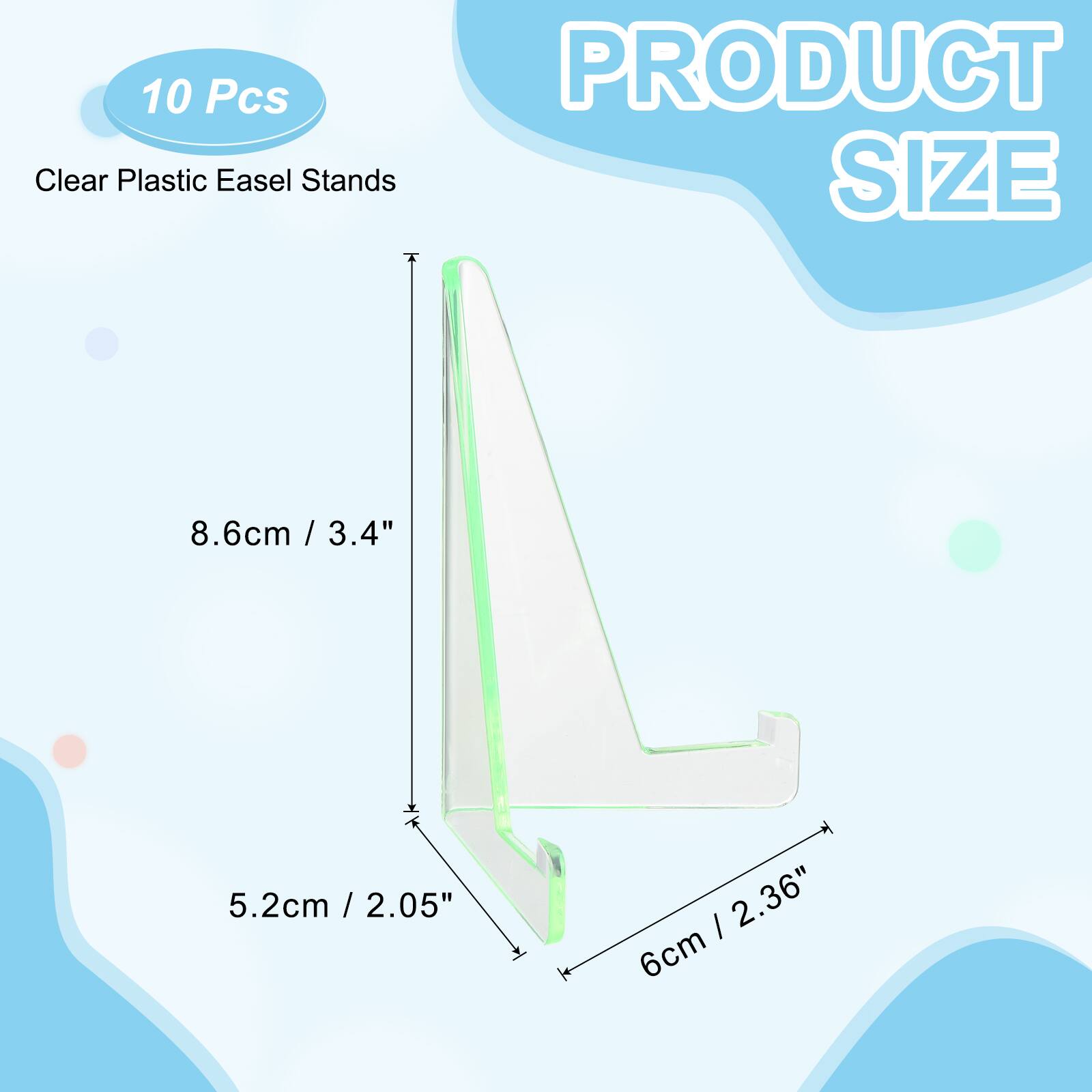 10 Pcs Clear Plastic Easel Stands

PRODUCT SIZE

- 8.6cm / 3.4"
- 5.2cm / 2.05"
- 6cm / 2.36"