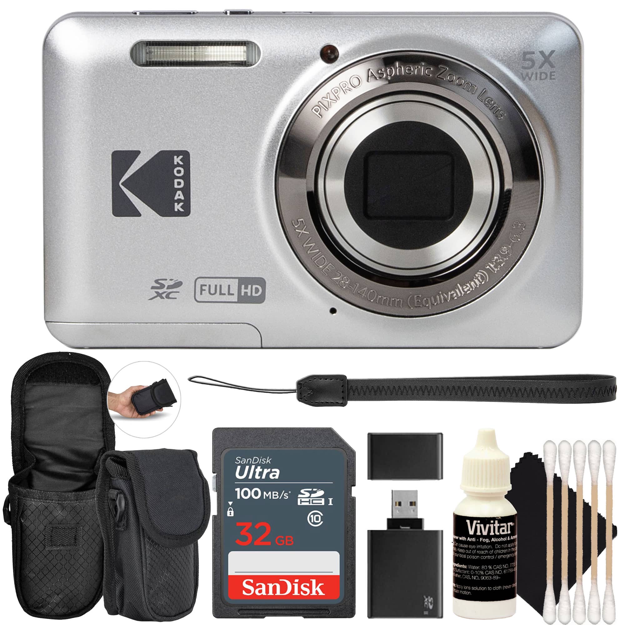 Kodak - PIXPRO FZ55 16MP Digital Camera, SanDisk 32GB SDHC Ultra 100MB/s, Neoprene Compact Protective Carrying Case - Silver