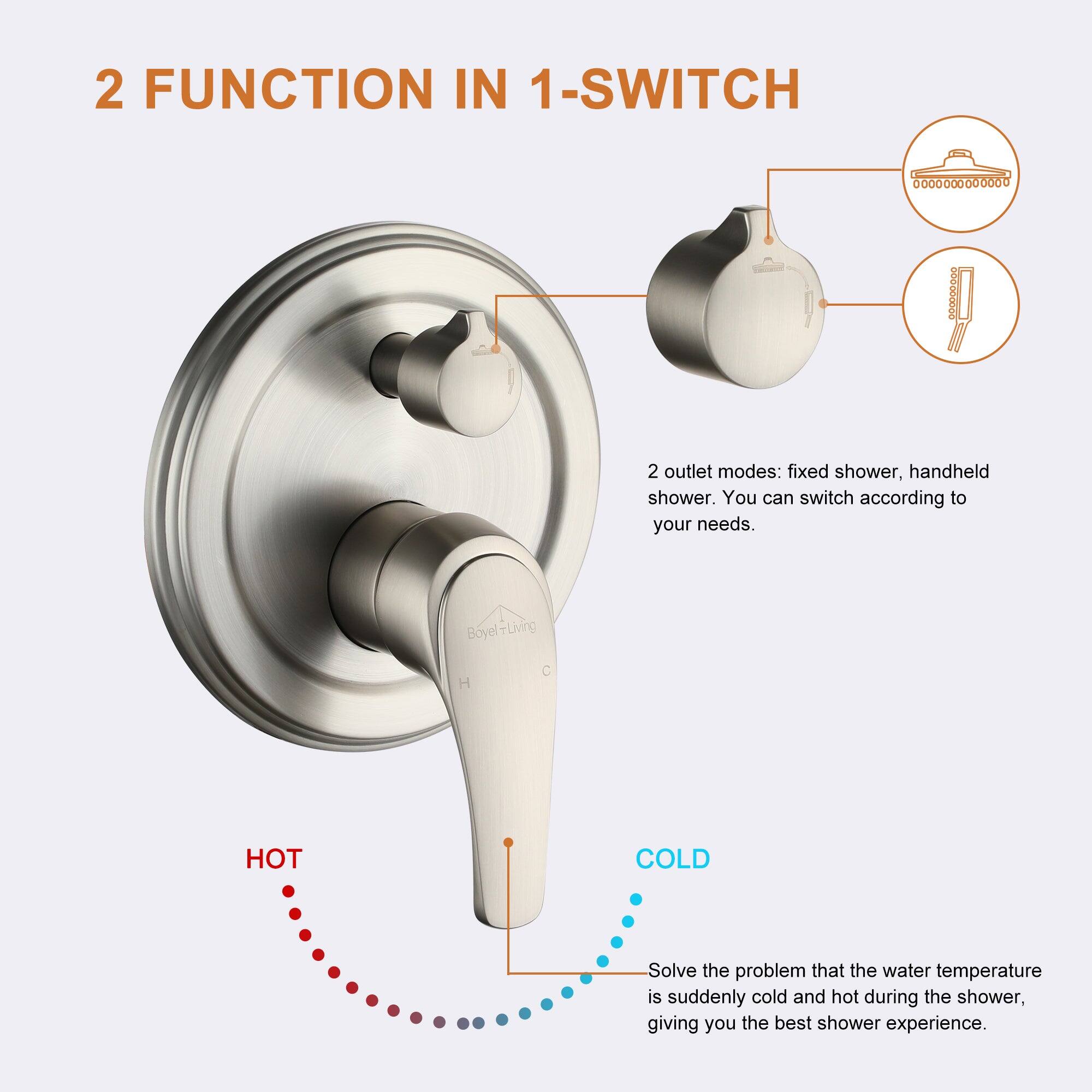2 FUNCTION IN 1-SWITCH

2 outlet modes: fixed shower, handheld shower. You can switch according to your needs.
Boyel +Living
HOT COLD
Solve the problem that the water temperature is suddenly cold and hot during the shower, giving you the best shower experience.