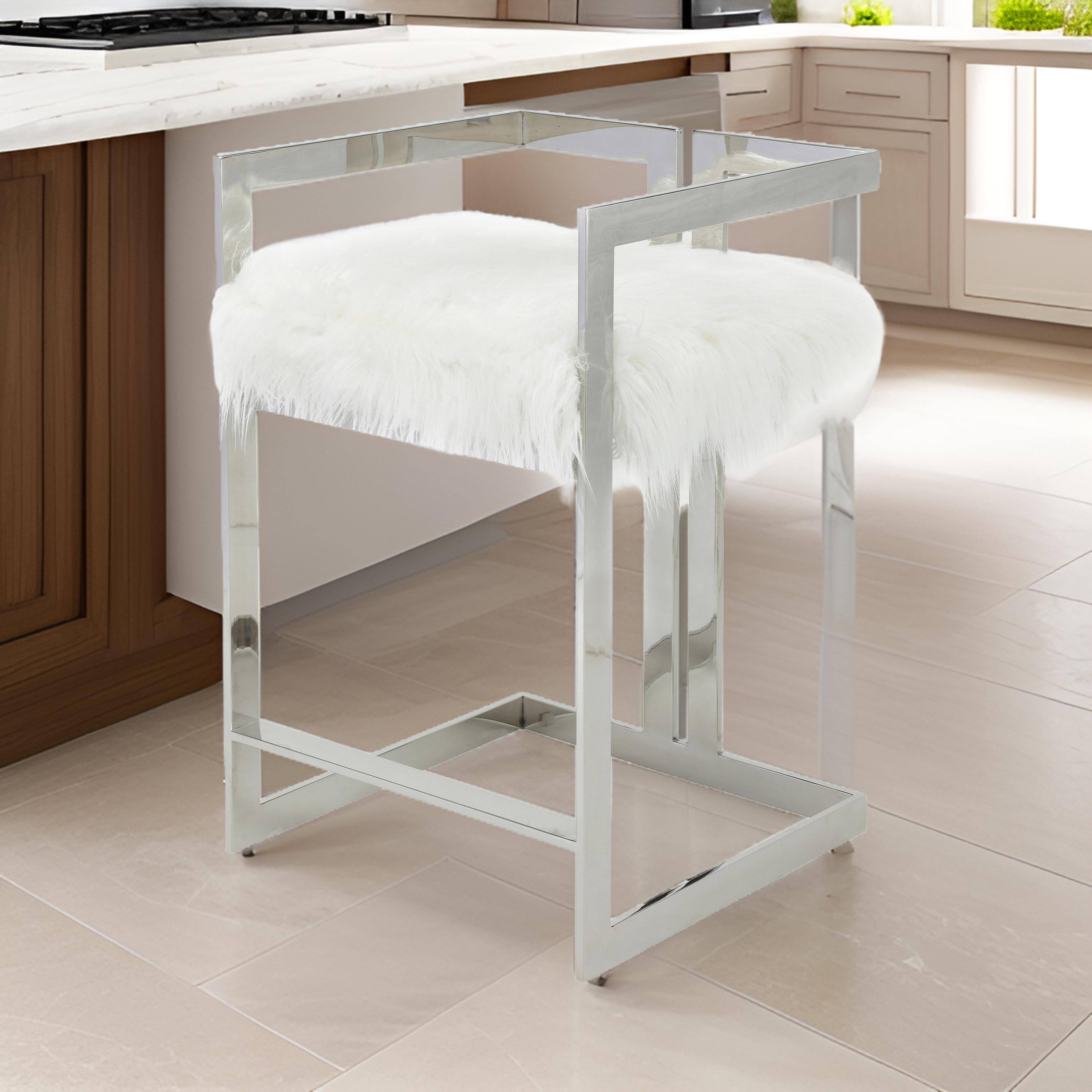 Alt View 2. Manhattan Lane - Suki 26 Inch Counter Stool Chair,  Faux Fur, Stainless Steel - White, Silver.