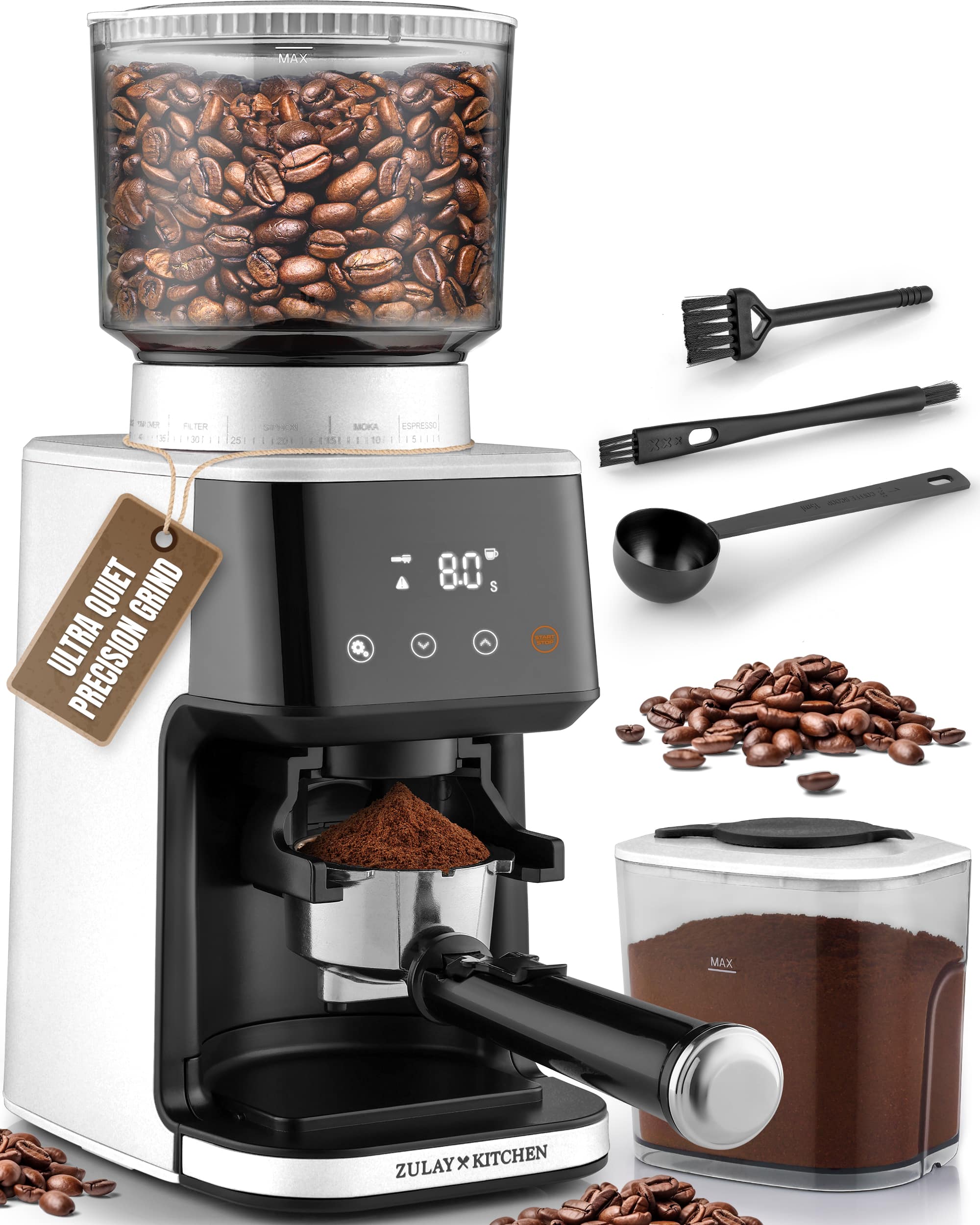 Zulay Kitchen - Conical Espresso Burr Coffee Grinder - Touchscreen, 51 Bean Grind Settings, Precision Electric Timer - White