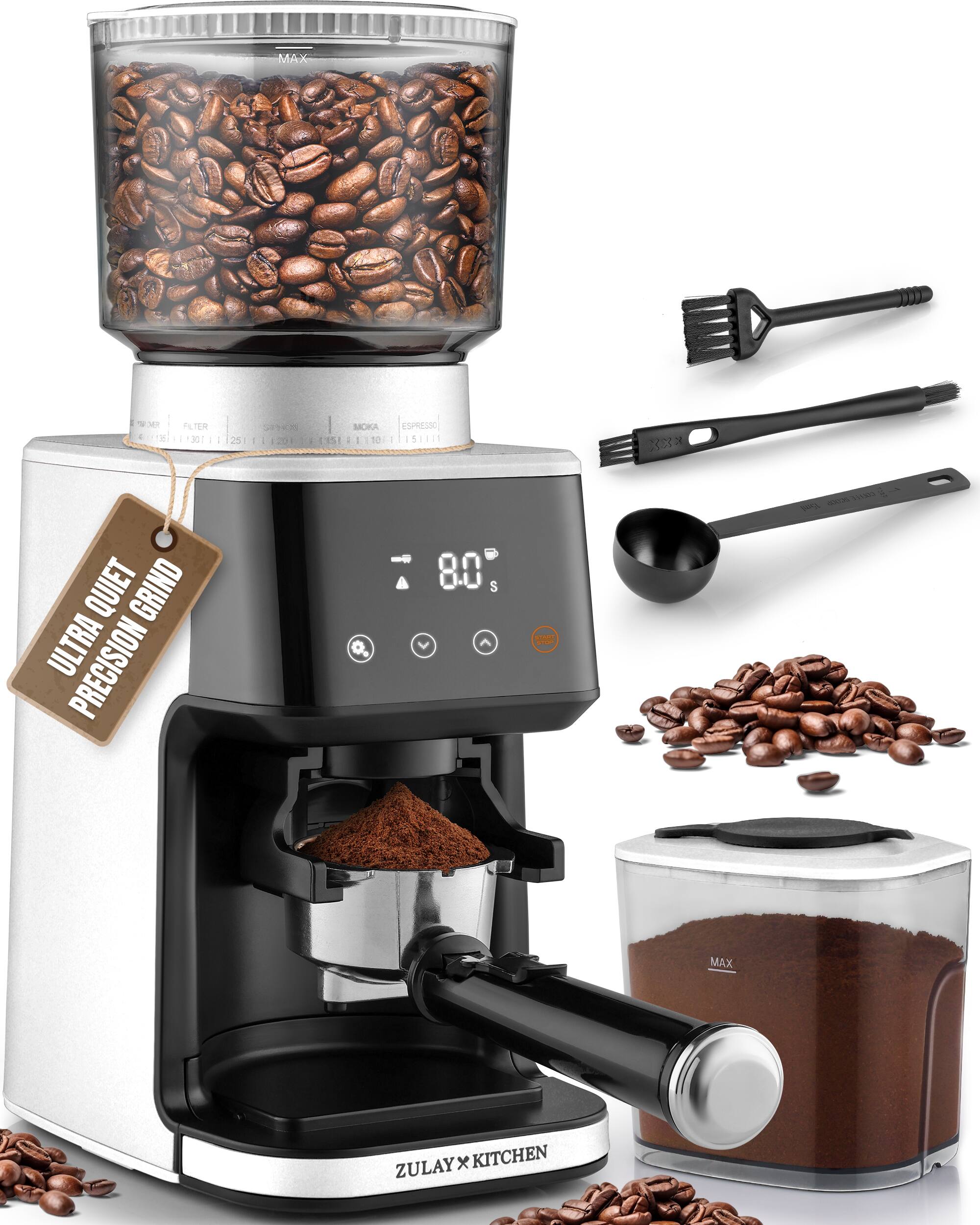 Front. Zulay Kitchen - Zulay Kitchen Conical Espresso Burr Coffee Grinder - Touchscreen, 51 Bean Grind Settings, Precision Electric Timer - White.