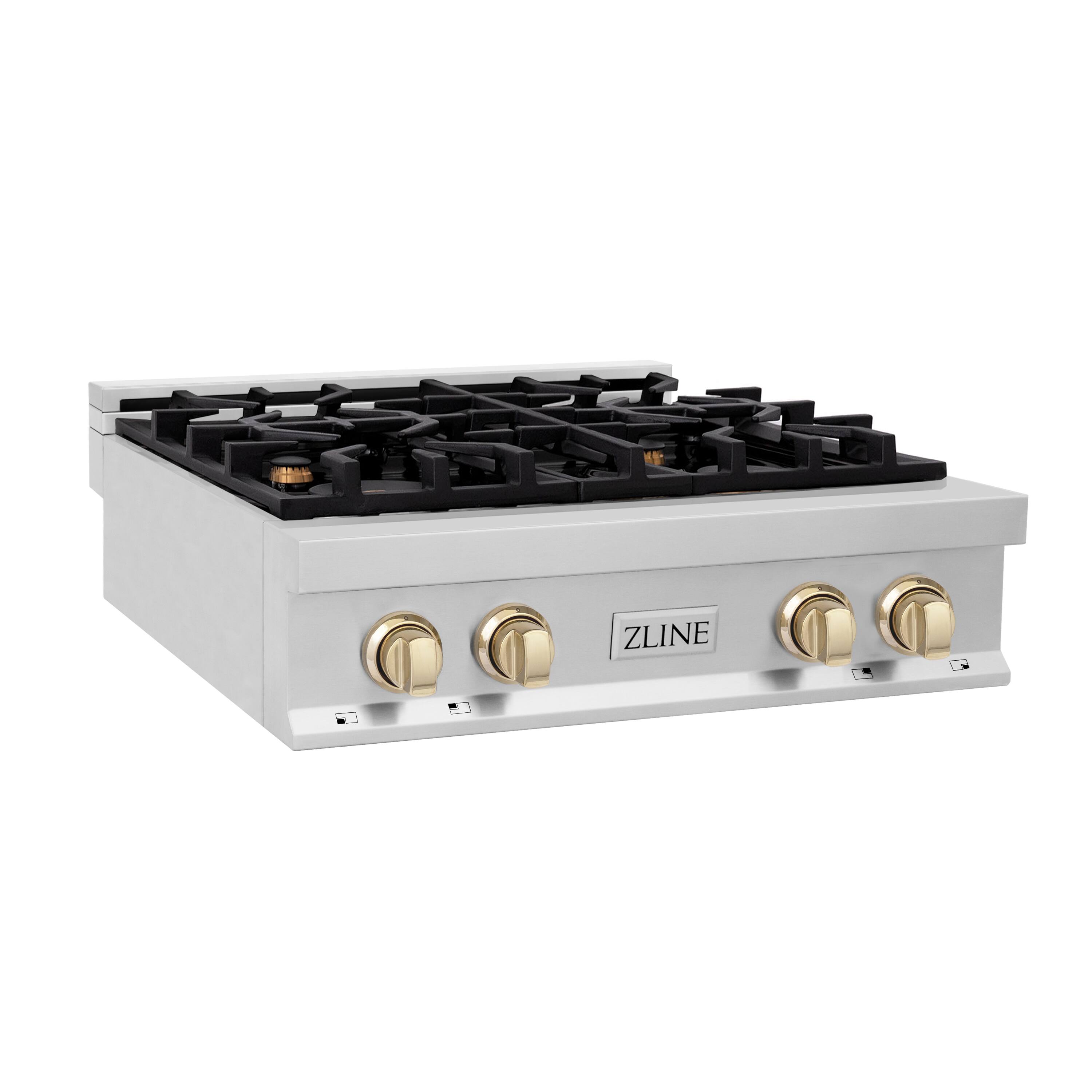 Angle. ZLINE - ZLINE Autograph 30 in. Legacy Rangetop w/ 4 Burners and Polished Gold Accents - Stainless Steel.