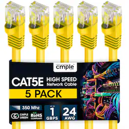 Cmple.com - Cmple - 5 Pack Cat5e Ethernet Cable 5 ft, Router Patch Cord, Internet Cat5 Cables, RJ45, LAN Network Wire - Yellow