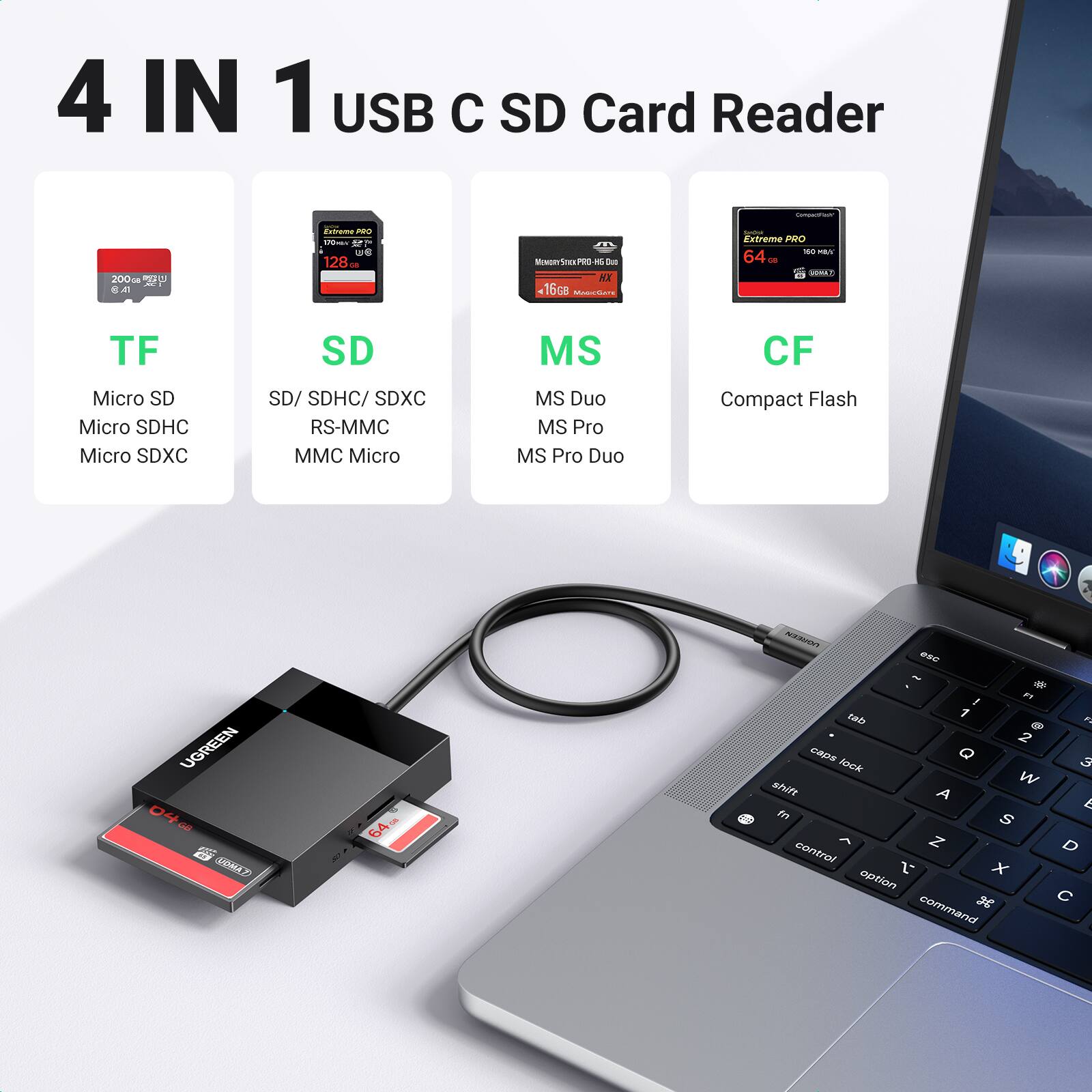 4 IN 1 USB C SD Card Reader

TF
- Micro SD
- Micro SDHC
- Micro SDXC

SD
- SD/ SDHC/ SDXC
- RS-MMC
- MMC Micro

MS
- MS Duo
- MS Pro
- MS Pro Duo

CF
- Compact Flash

UGREEN