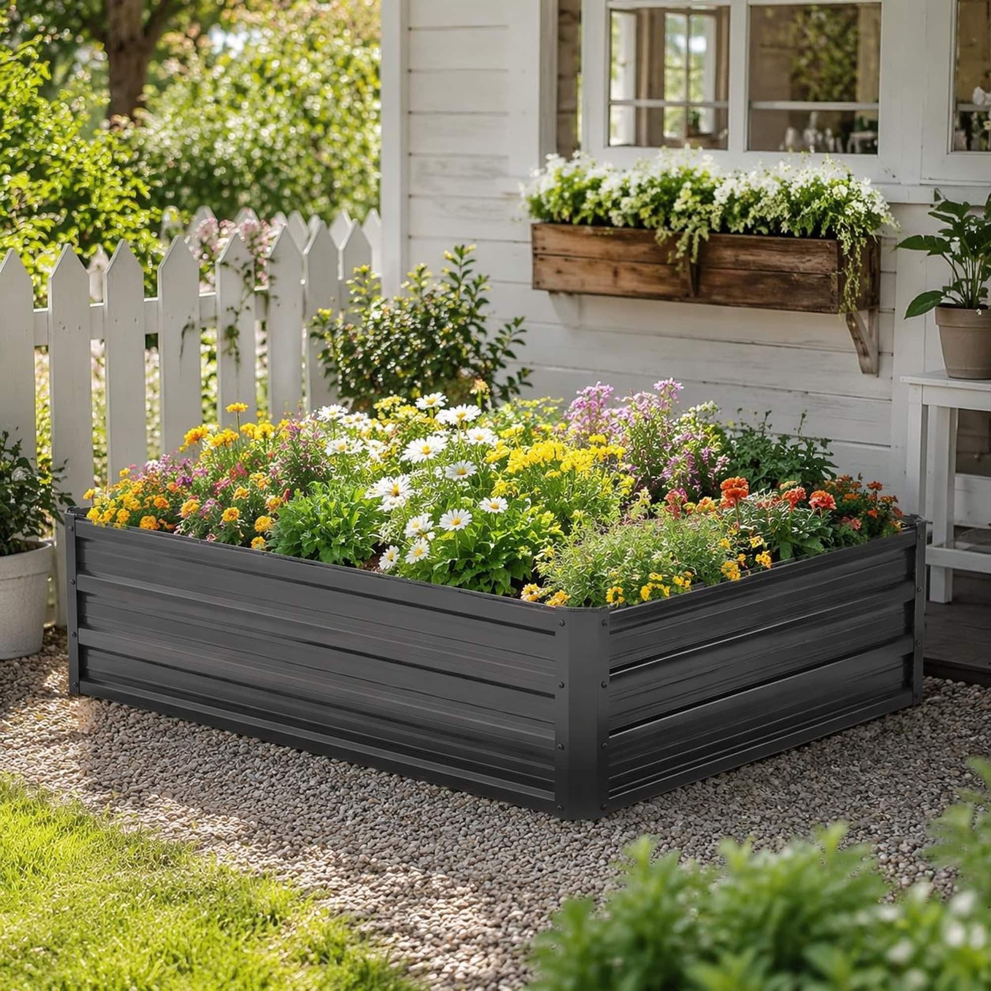 RYHNUYNE - Galvanized Steel Raised Garden Bed 4x3x1 ft Deep Root Metal Planter Box for Vegetables Flowers Herbs Outdoor Patio - Black