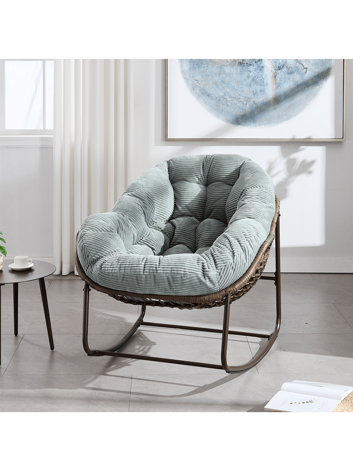 Angle. Trinkets Crazed - Outdoor Indoor Rocking Chair With Padded Cushion, Oversized Patio Papasan Rocking Egg Chair - Olive Green.