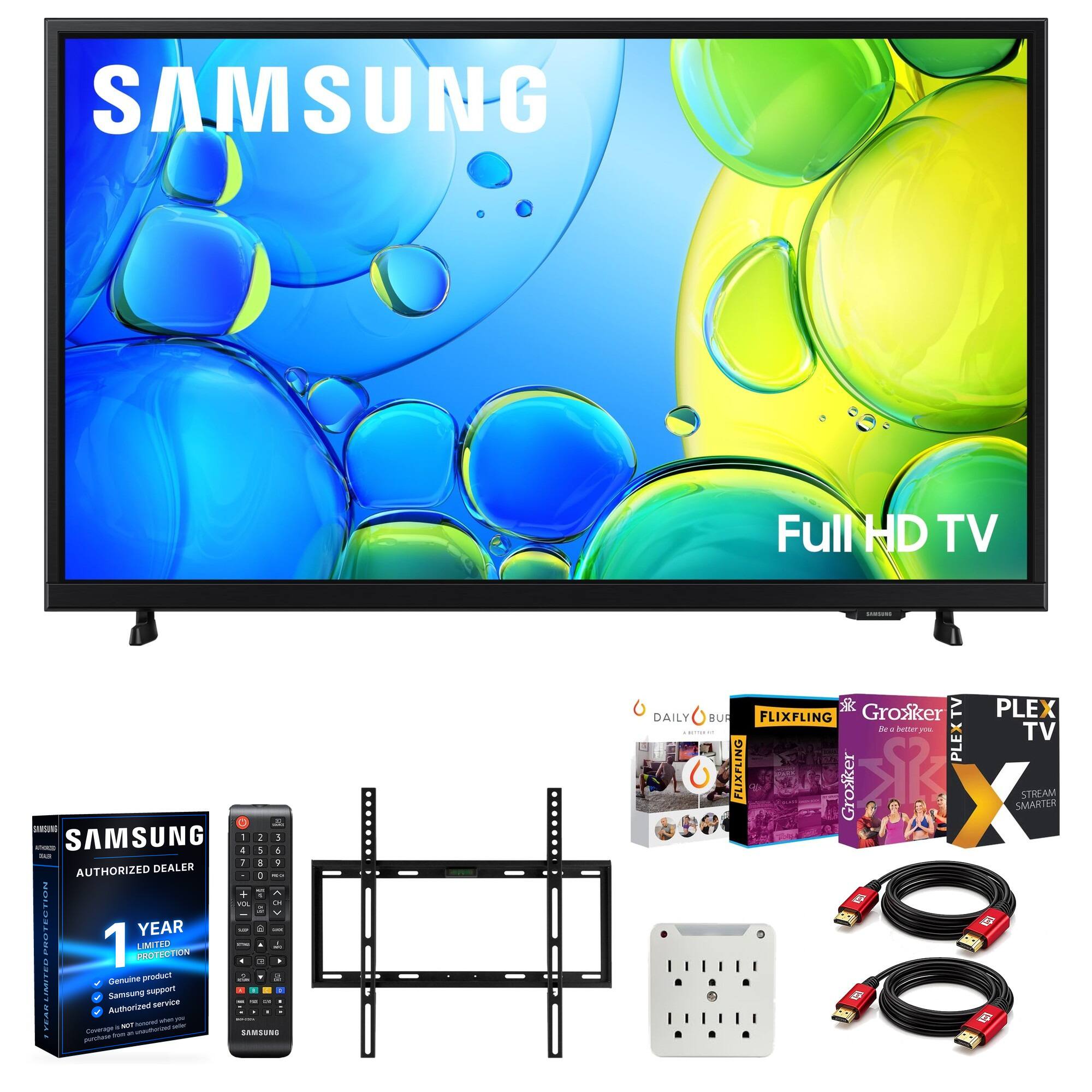 SAMSUNG  
Full HD TV  

SAMSUNG  
AUTHORIZED DEALER  
1 YEAR LIMITED PROTECTION  
Genuine Samsung product  
Authorized service  
Cable is NOT honored  

DAILY BUR  
FLIXFLING  
Grooker TV  
Be better you  
FLIXFLING  
PLEX  
Grooker  
STREAM SMARTER