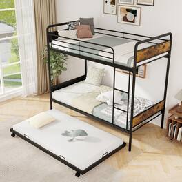 Gymax - Twin Over Twin Bunk Bed w/ Trundle Industrial Metal Bunkbed Frame - Black