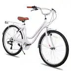 Front. HILAND - HILAND 26 Inch Beach Cruiser Bike for Men and Women, 7 Speed Step-Through Adult Hybrid Bike with Rear Rack Purple - Purple.