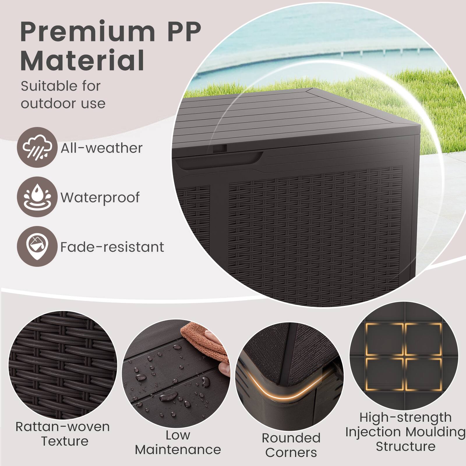 Premium PP Material  
Suitable for outdoor use  

- All-weather  
- Waterproof  
- Fade-resistant  

Rattan-woven Texture  
Low Maintenance  
Rounded Corners  
High-strength Injection Moulding Structure