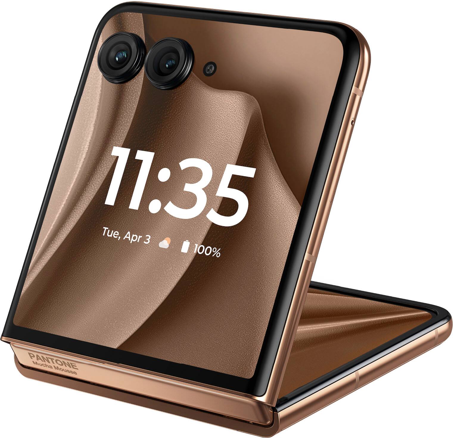 The image shows a Pantone Motha Mousse device with a display showing the time as 11:35. The device is open, revealing the time and date.