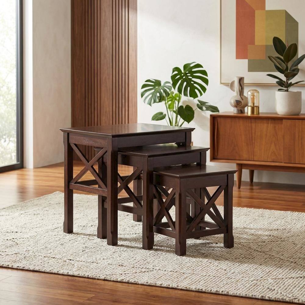 Alt View 4. FurniFact - Solid Wood 3 Piece Nesting Tables Set With Stackable Design In Cappuccino Finish - Cappuccino.