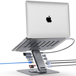 HongFei - Adjustable Laptop Stand for Desk with Docking Station 11-in-1, Aluminum Laptop Riser with USB Hub 360°Swivel - Gray