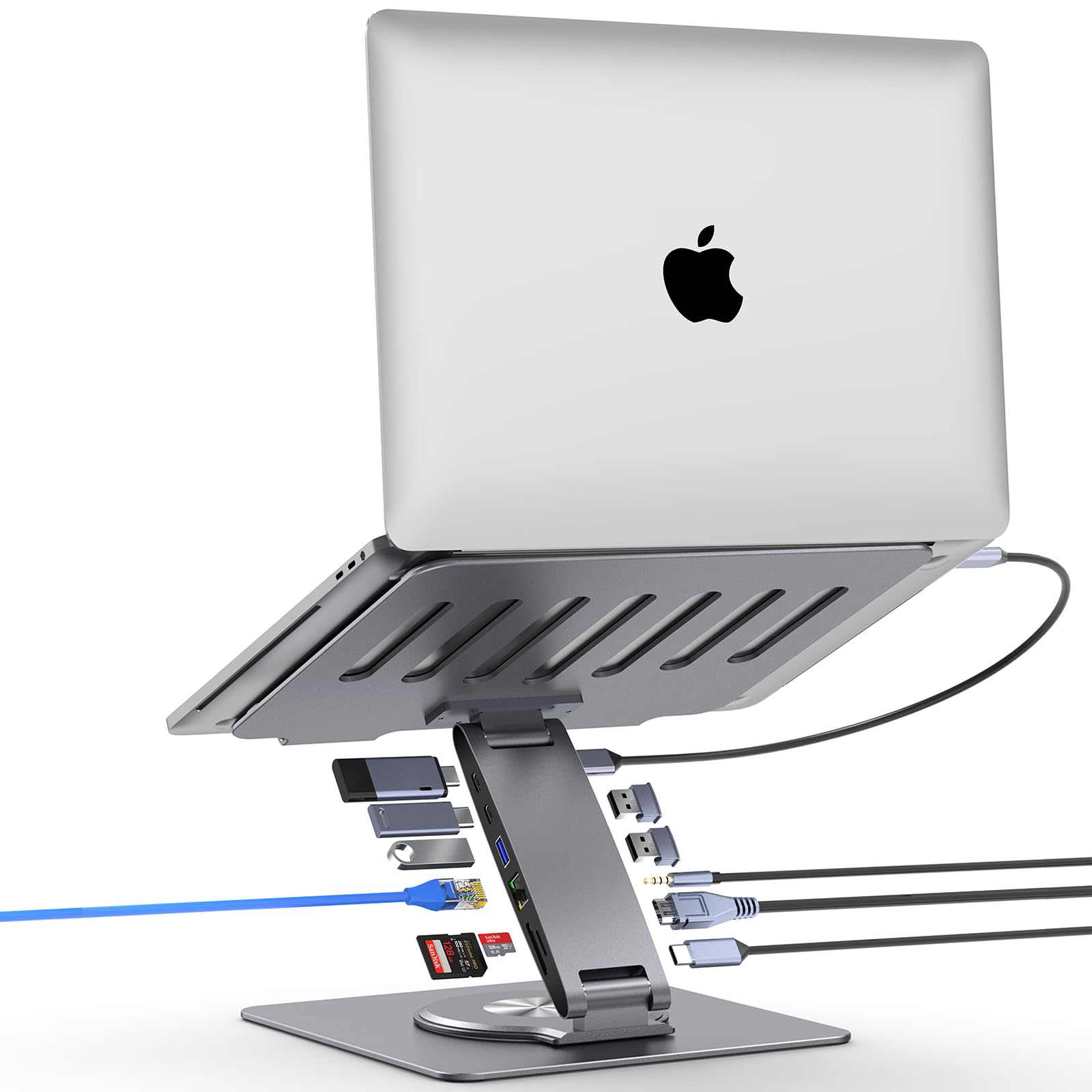 HongFei - Adjustable Laptop Stand for Desk with Docking Station 11-in-1, Aluminum Laptop Riser with USB Hub 360°Swivel - Gray