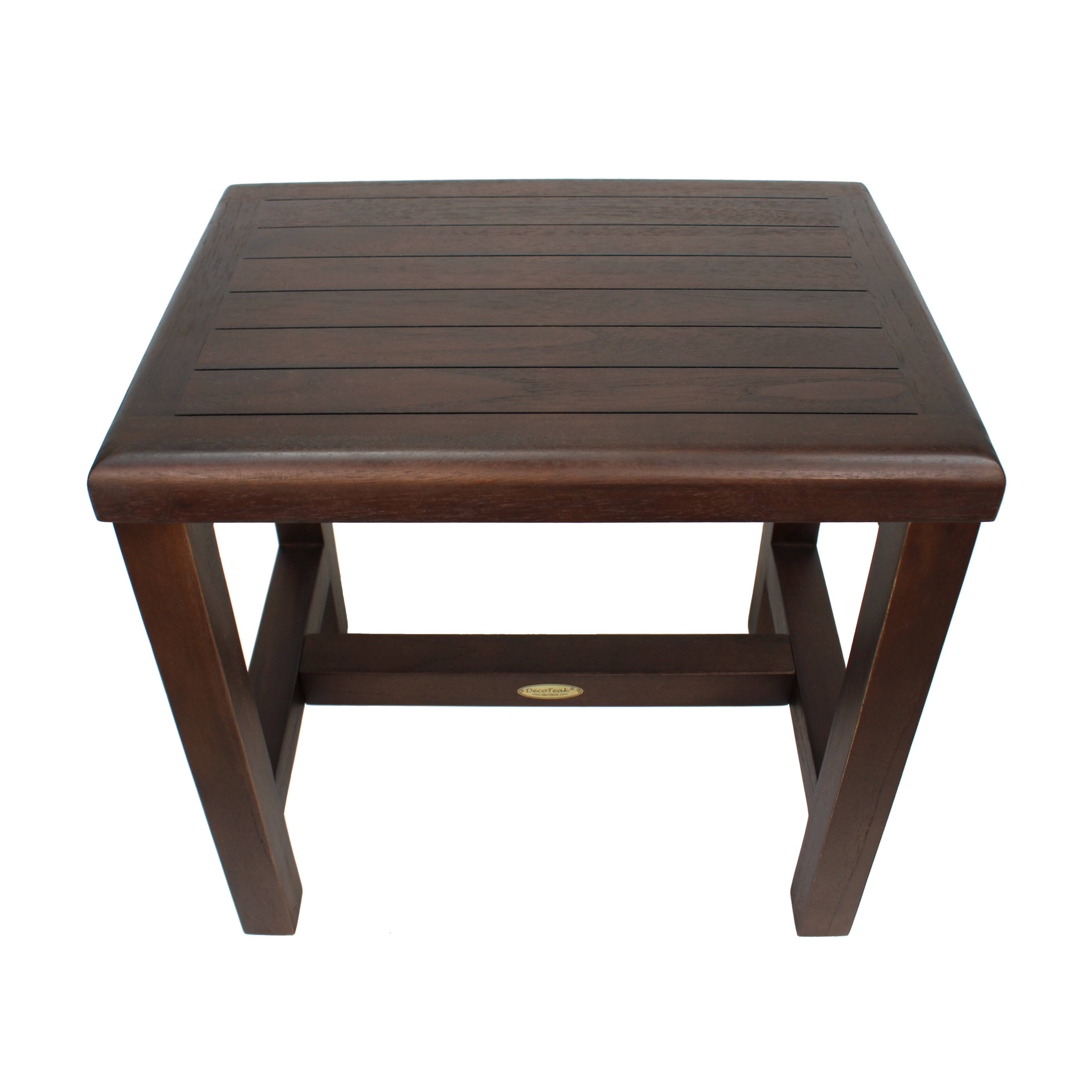 Left. DecoTeak - DecoTeak® Eleganto® 18" Teak Wood Shower Bench in Woodland Brown Finish - Woodland Brown.