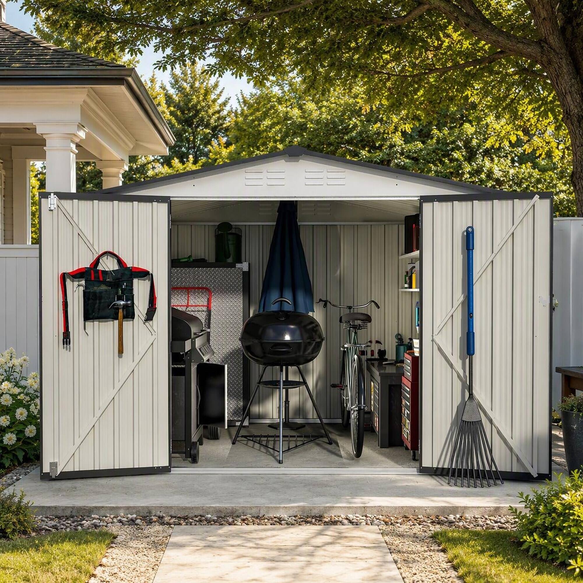 Left. RYHNUYNE - White 8x6 ft Steel Shed Lockable Doors Weatherproof Garden Tool House Backyard - White.
