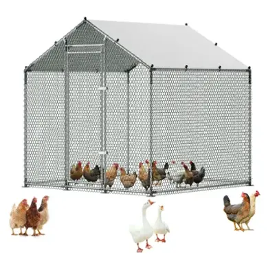 Front. VEVOR - Large Metal Chicken Coop 6.6x6.6x6.6 ft Walk-in Chicken Run House, Spire Roof Hen House Enclosure with Cover - Silver.