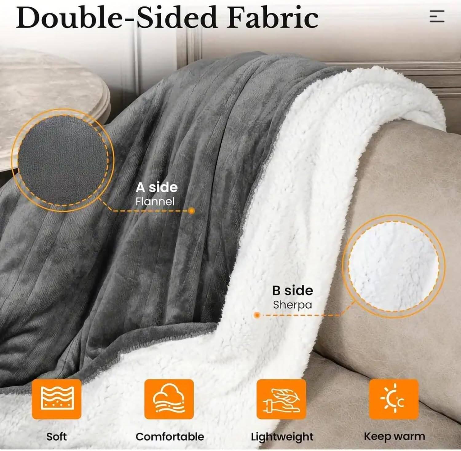 Double-Sided Fabric

A side  
Flannel

B side  
Sherpa

Soft  
Comfortable  
Lightweight  
Keep warm