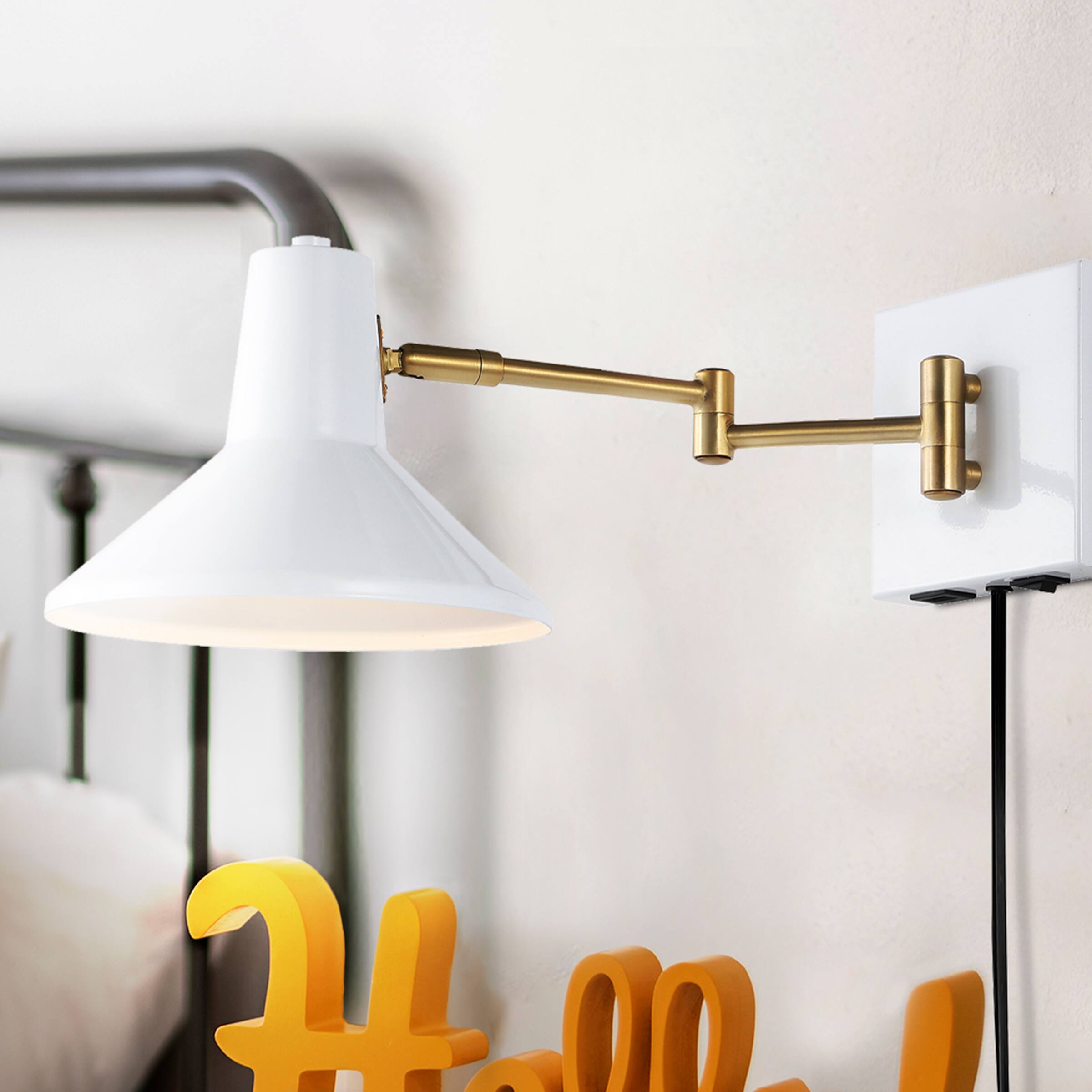 Alt View 10. Jonathan Y - Hygge 16" Swing Arm 1-Light Modern Midcentury Iron USB Charging Port LED Sconce, White/Brass Gold - White.