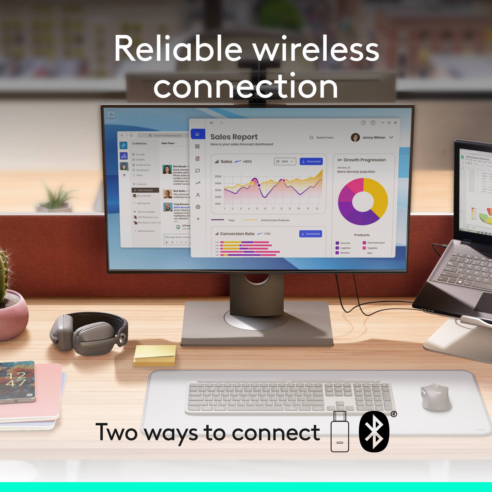 Reliable wireless connection
Sales Report
- Sales Report
- Growth Progression
- Conversion Rate
- Products
Two ways to connect