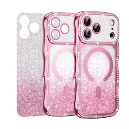Dteck - Magnetic 2 in 1 Bling Glitter Paper Curly Wavy Edge Case for iPhone 18 Pro Max, Shockproof Clear PC Back TPU Cover - Pink