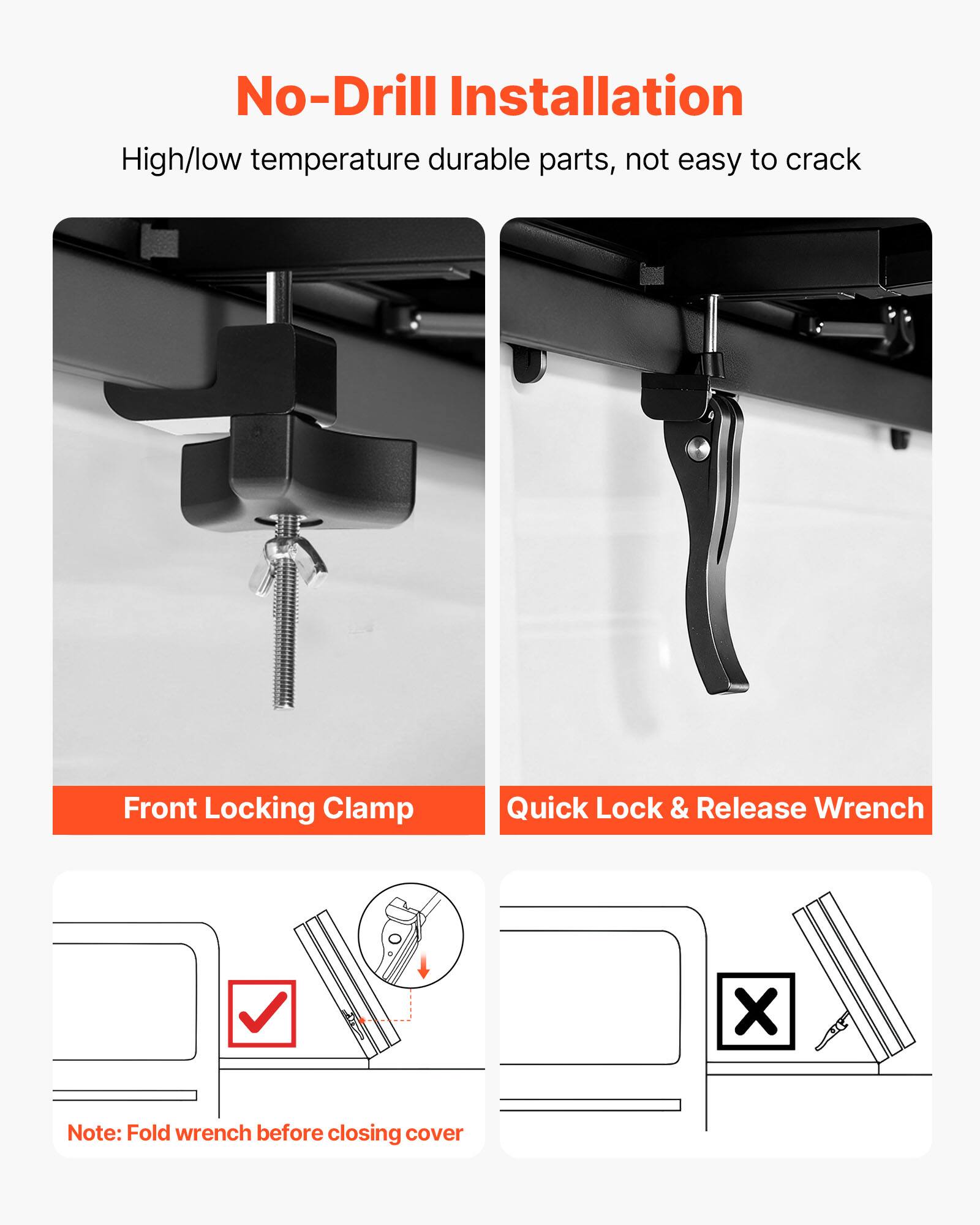 No-Drill Installation  
High/low temperature durable parts, not easy to crack  

Front Locking Clamp  
Quick Lock & Release Wrench  

Note: Fold wrench before closing cover