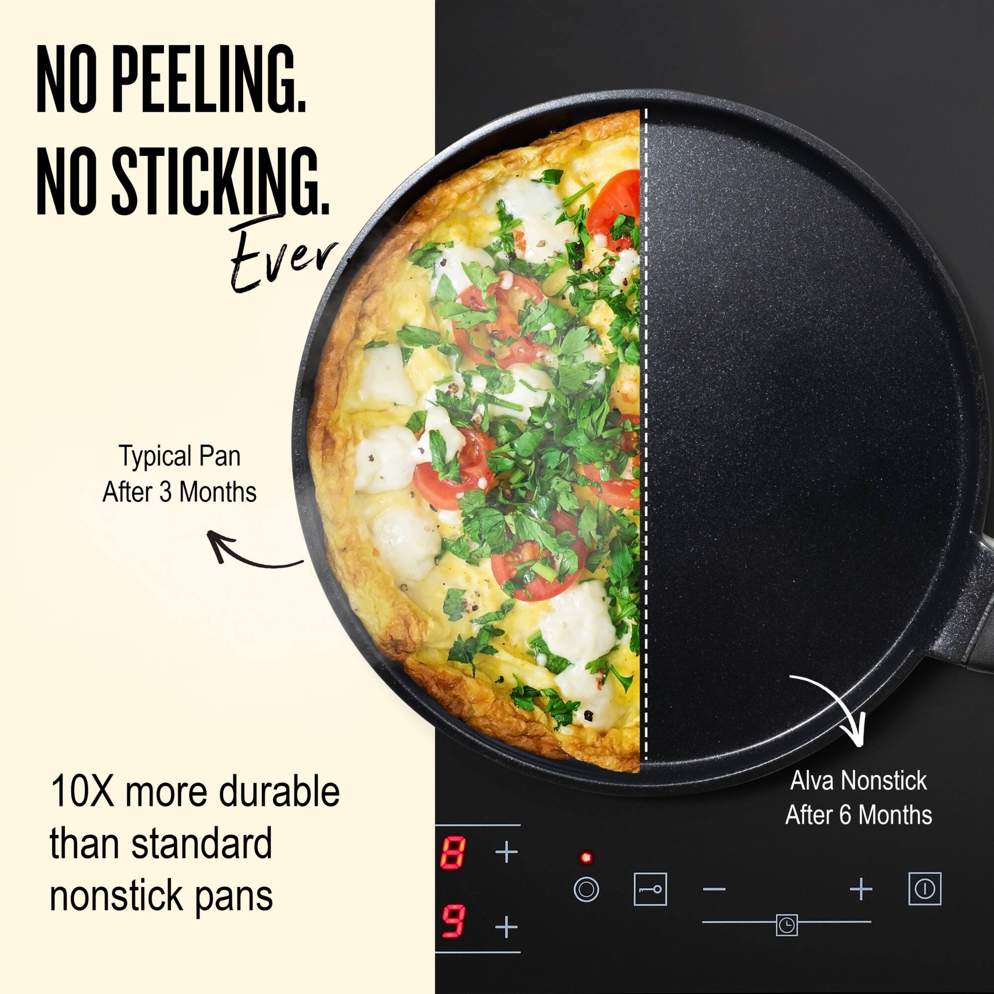 NO PEELING.  
NO STICKING.  
Ever  

Typical Pan After 3 Months  

10X more durable than standard nonstick pans  

Alva Nonstick After 6 Months