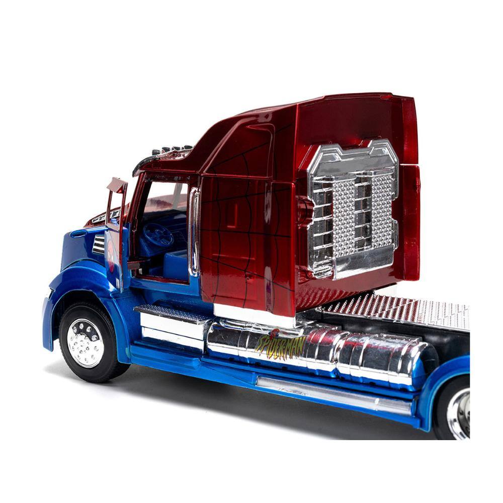 Left. Jada - Western Star 57X Truck Tractor "Spider-Man" Blue and Red Metallic "Hollywood Rides" Series 1/24 Diecast Model by Jada - Blue and Red Metallic.