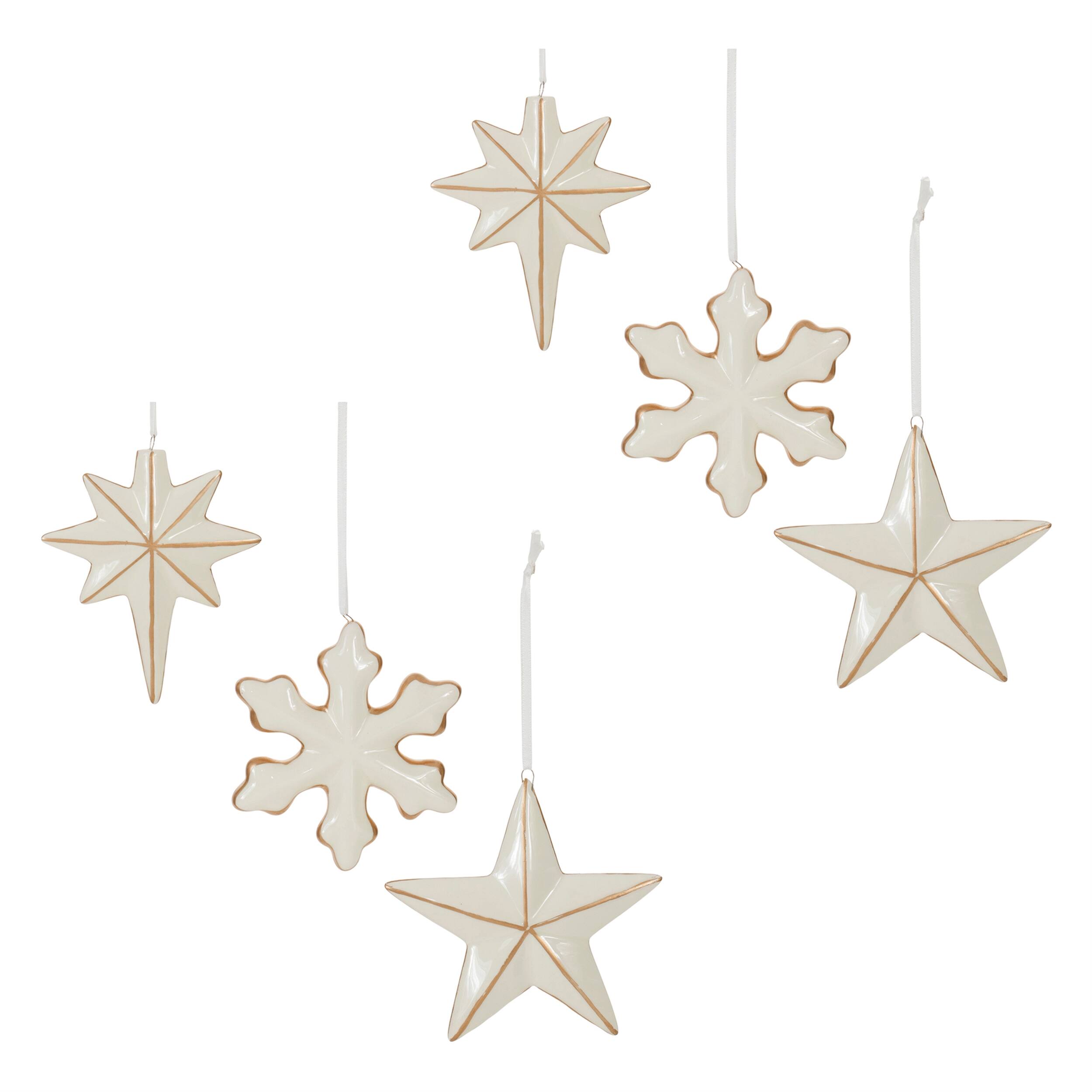 Alt View 3. BreeBe - Ceramic Star and Snowflake Ornament (Set of 6) - White, Gold.