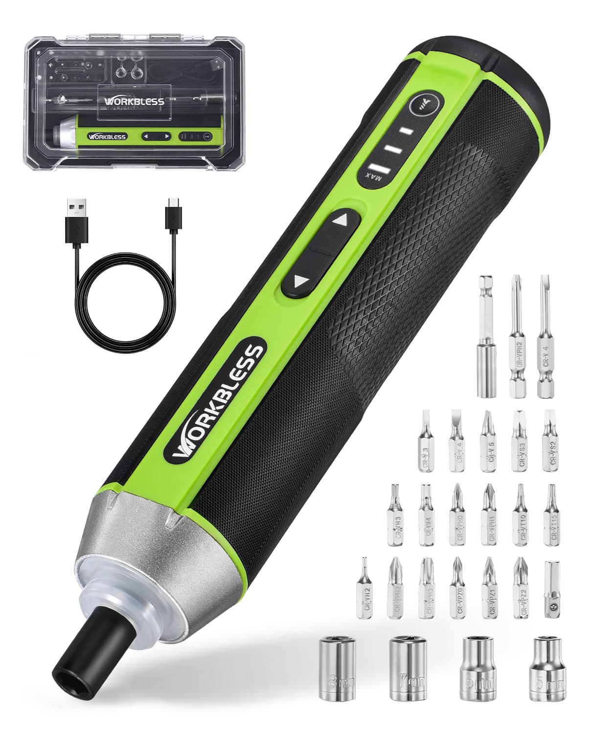 Unique Bargains - 3.7V Cordless Electric Screwdriver Set, 3 Torque Settings, 300RPM, 5N.m Max Torque LED Light USB-C 26pcs Accessory Kit