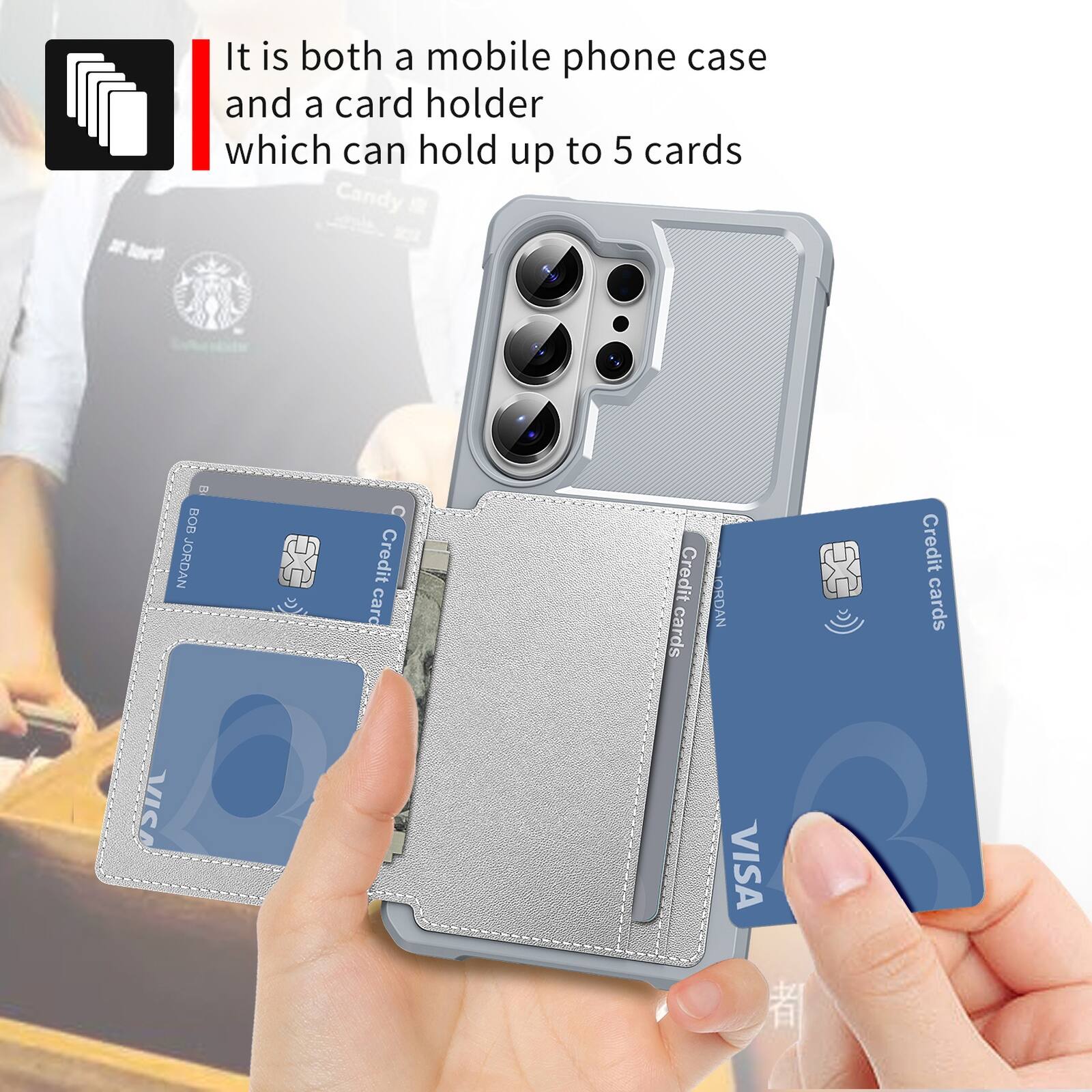 It is both a mobile phone case and a card holder which can hold up to 5 cards.
