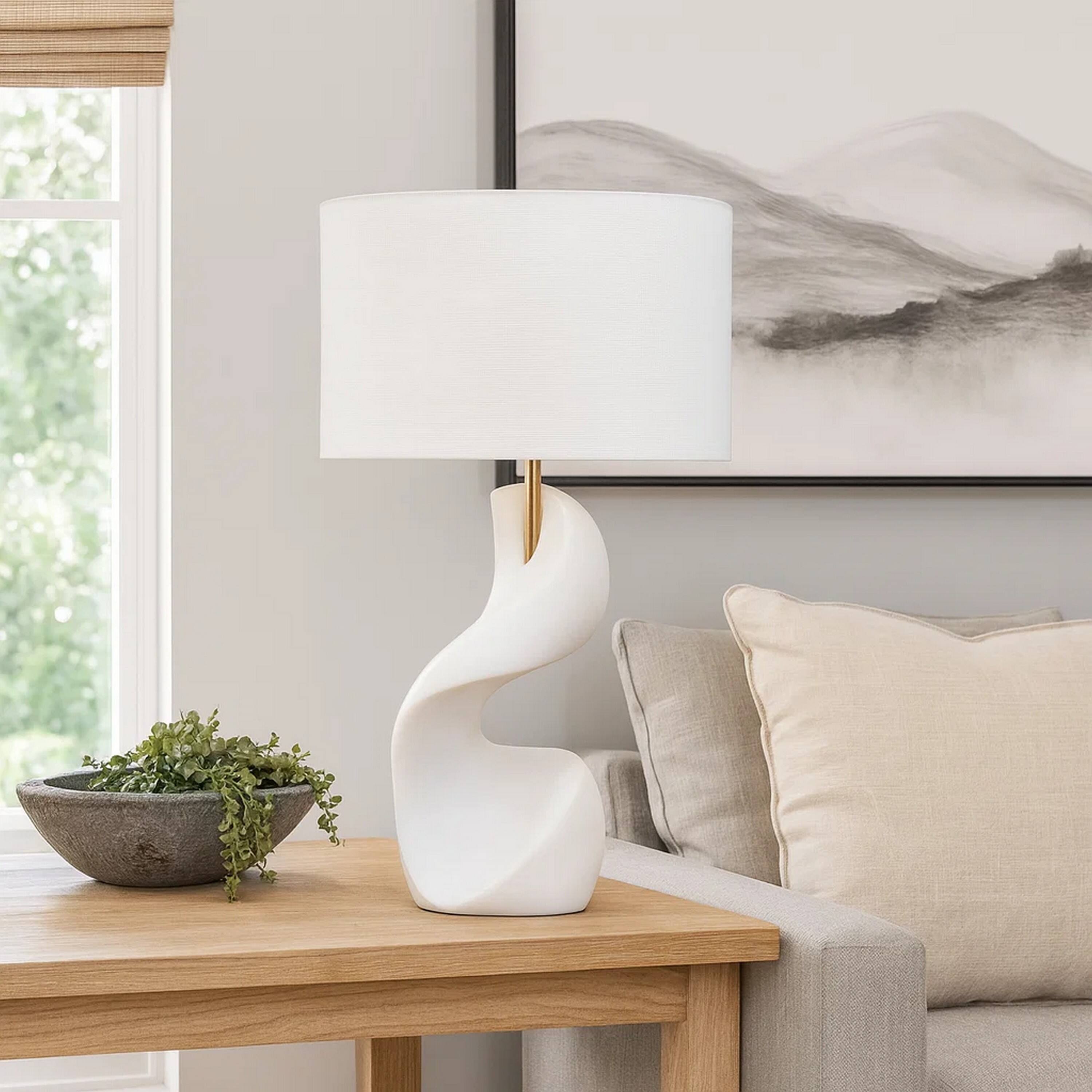 Alt View 3. Manhattan Lane - Koz Accent Table Lamp, Linen Shade, Curved Sculpture 32 Inch - White, Brass Finish.