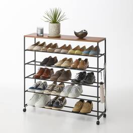 Yamazaki Home - Rolling Five-Tier Shoe Rack (34.25" H) - Steel + Wood - Black