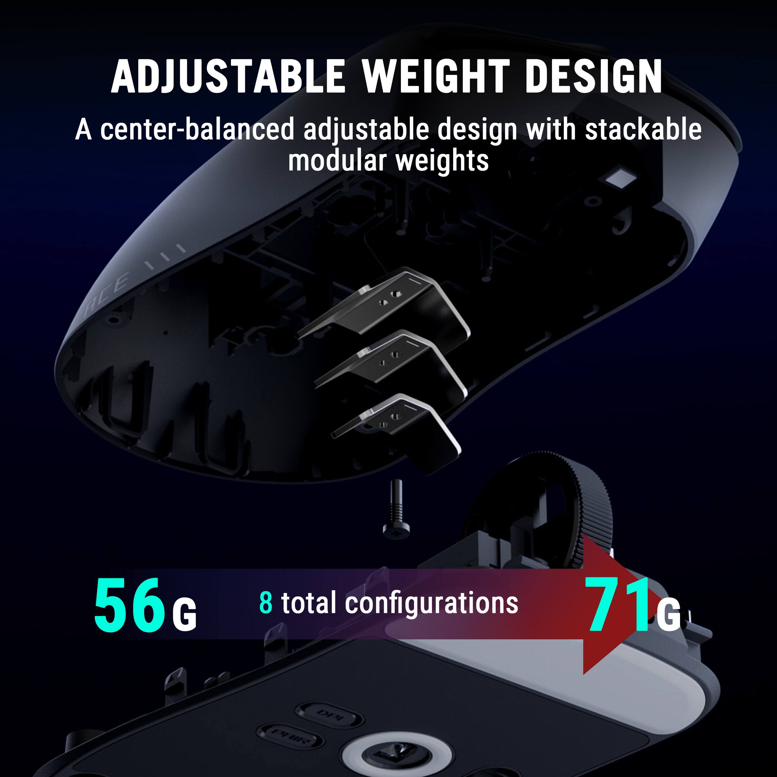 ADJUSTABLE WEIGHT DESIGN  
A center-balanced adjustable design with stackable modular weights  

56G  
8 total configurations  
71G
