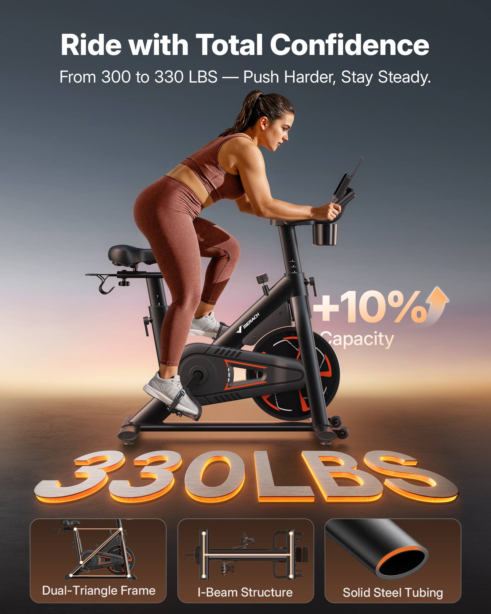 Ride with Total Confidence  
From 300 to 330 LBS — Push Harder, Stay Steady.  

IERACH +10% Capacity 330LBS  
Dual-Triangle Frame I-Beam Structure Solid Steel Tubing