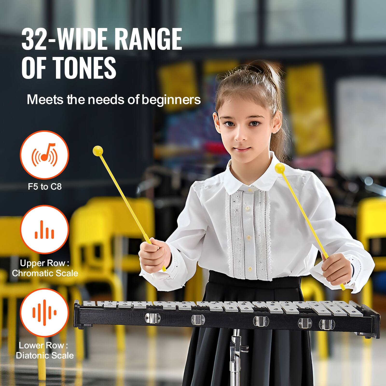 32-WIDE RANGE OF TONES  
Meets the needs of beginners  
F5 to C8  
Upper Row: Chromatic Scale  
Lower Row: Diatonic Scale
