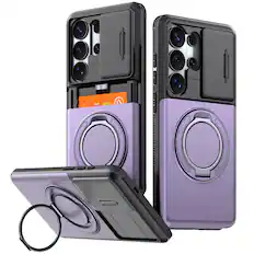 Front. Dteck - Rugged Case for Samsung Galaxy S25 Ultra Shockproof Drop Protection Hidden Card Slot Ring Kickstand Sliding Camera Cover - Purple.