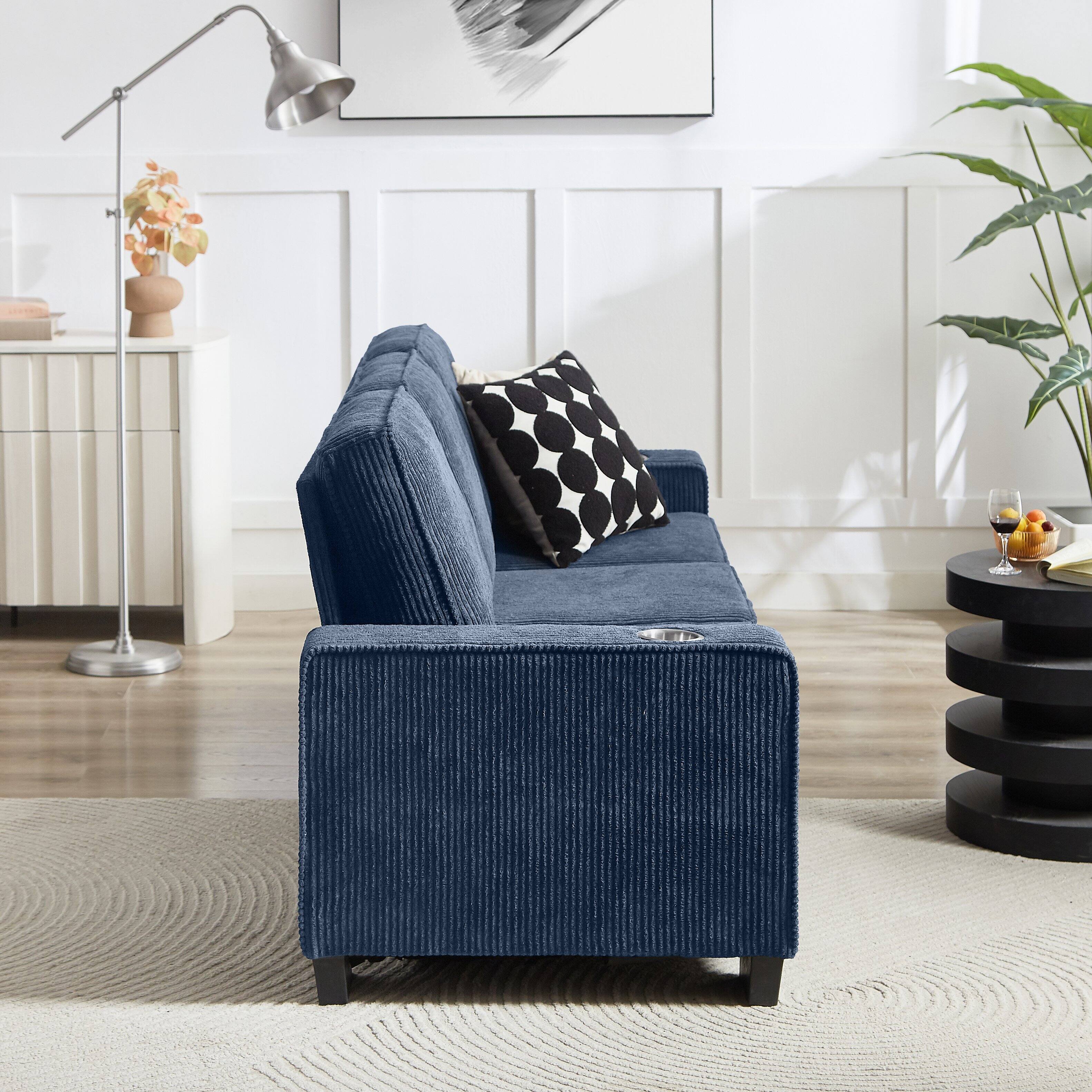 Back. Z-Edge - 84" Couches for Living Room with Deep Seats,3 Seater Sofa Couch, Modern Corduroy Fabric Sofa with Armrests for Apartment - Blue.