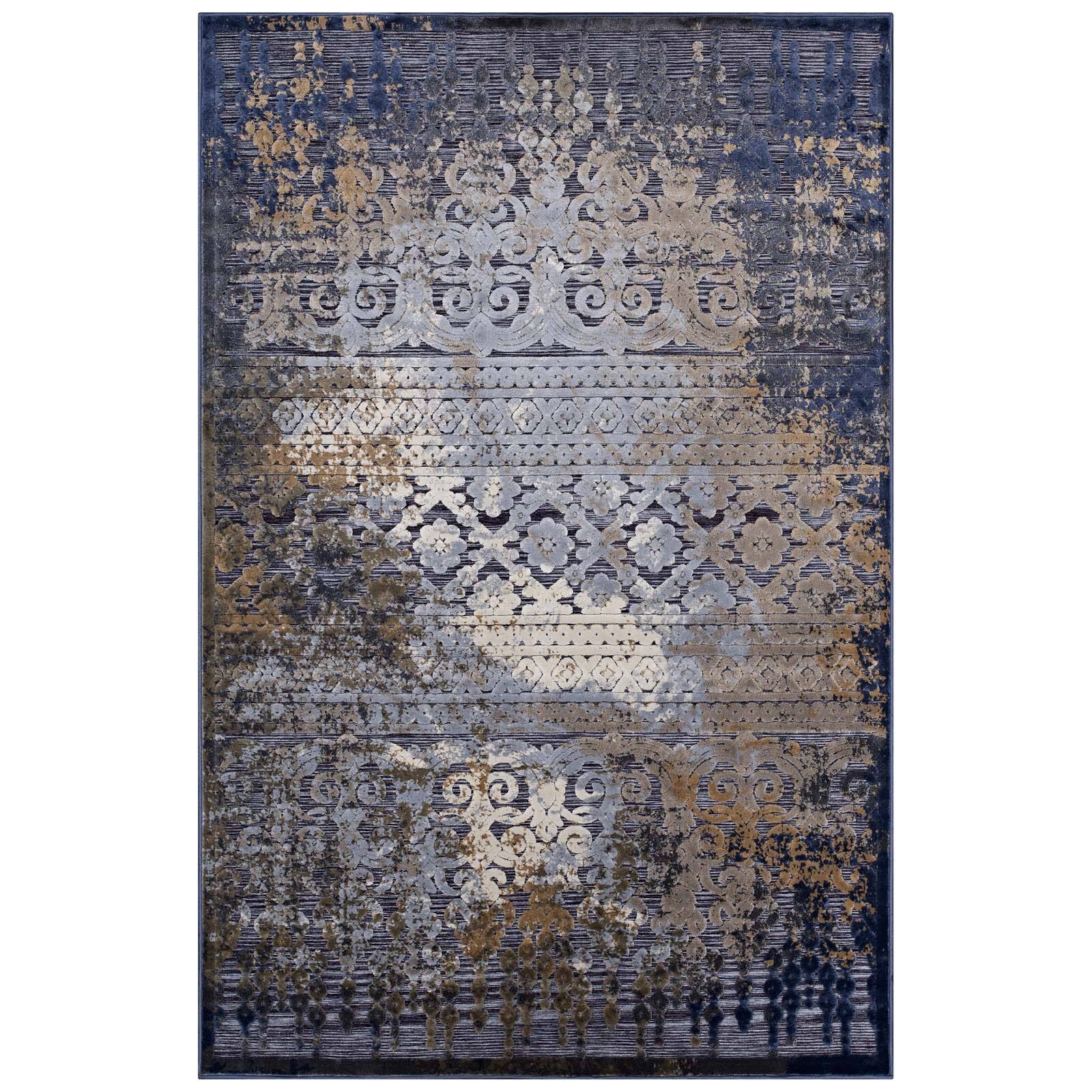 Angle. Modway - Kalene Distressed Vintage Turkish Area Rug - Blue Rust and Cream.