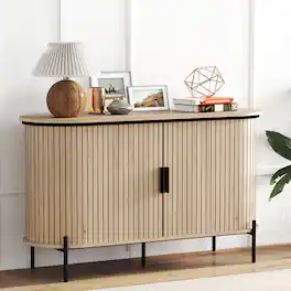 Bestier - Mid-Century Modern Side Table with Sliding Slat Doors, Spacious Storage and Solid Metal Legs - beige