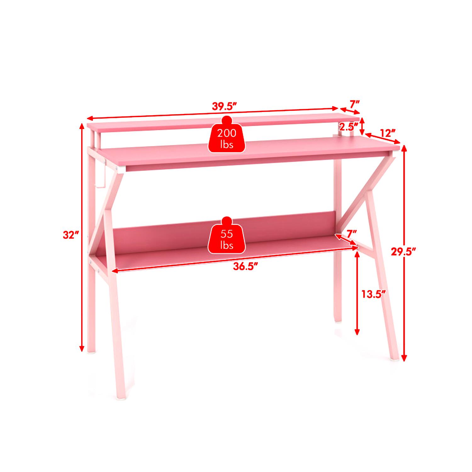 39.5" 7" 200 lbs 2.5" 12" 32" 55 lbs 36.5" 7" 29.5" 13.5"