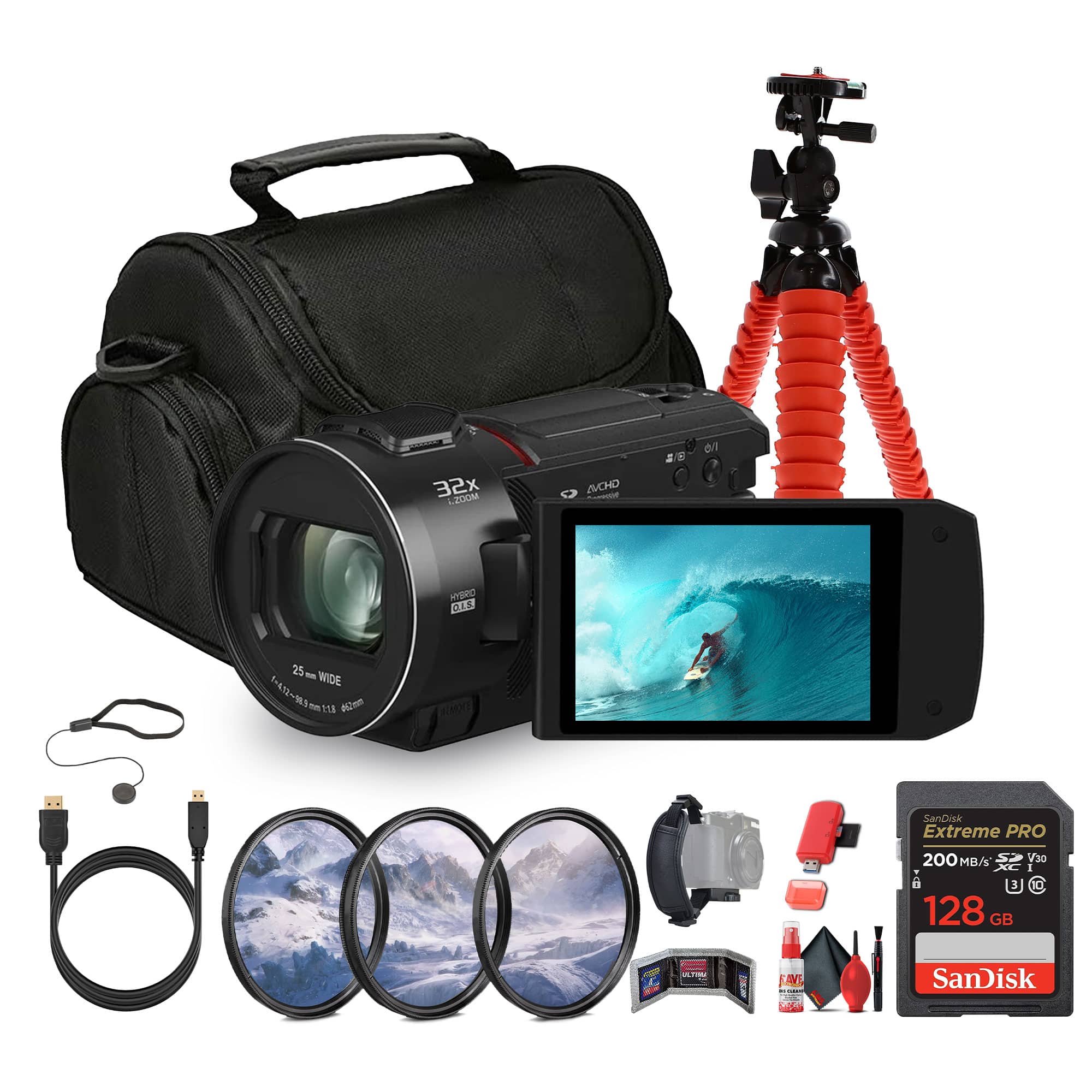 Panasonic - HC-VX3 UHD 4K Lightweight Camcorder with 24x Zoom + 128GB Memory Card + More