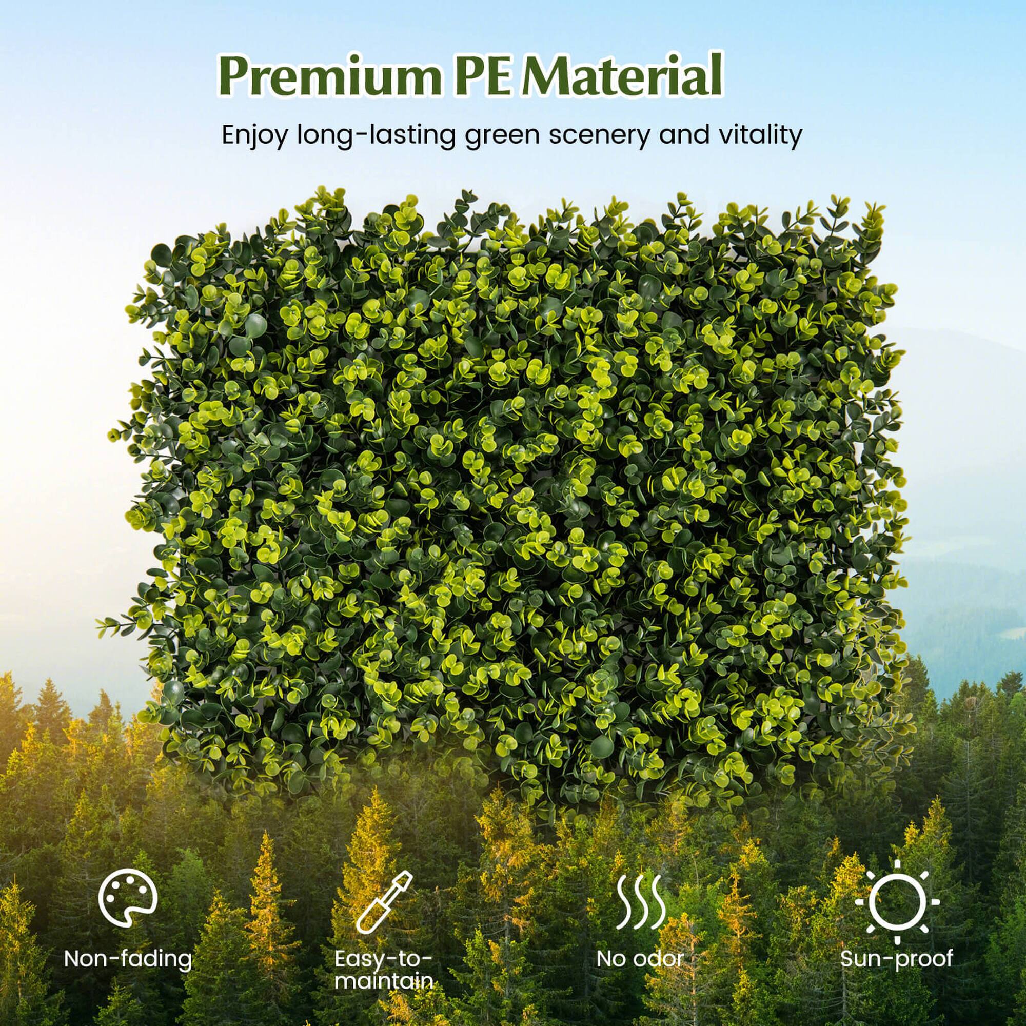 Premium PE Material  
Enjoy long-lasting green scenery and vitality  

- Non-fading  
- Easy-to-maintain  
- No odor  
- Sun-proof