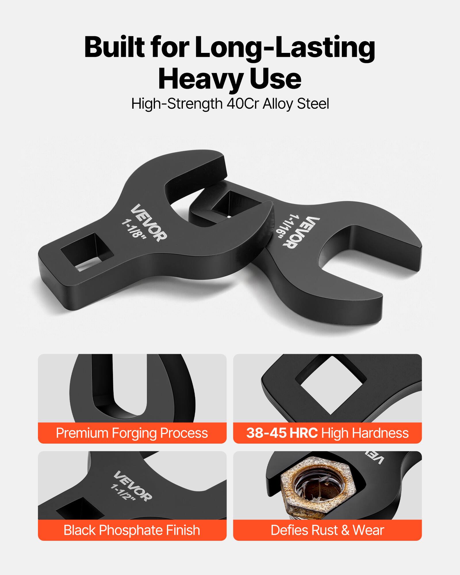 Built for Long-Lasting Heavy Use  
High-Strength 40Cr Alloy Steel  

1-1/8" VEVOR  
1-1/16" VEVOR  

Premium Forging Process  
38-45 HRC High Hardness  
Black Phosphate Finish  
Defies Rust & Wear