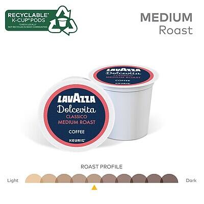 RECYCLABLE K-CUP PODS  
NOT RECYCLABLE IN ALL MACHINES

MEDIUM Roast

LAVAZZA  
Dolcevita  
CLASSICO  
MEDIUM ROAST  
COFFEE  
KEURIG

ROAST PROFILE  
Light  
Dark