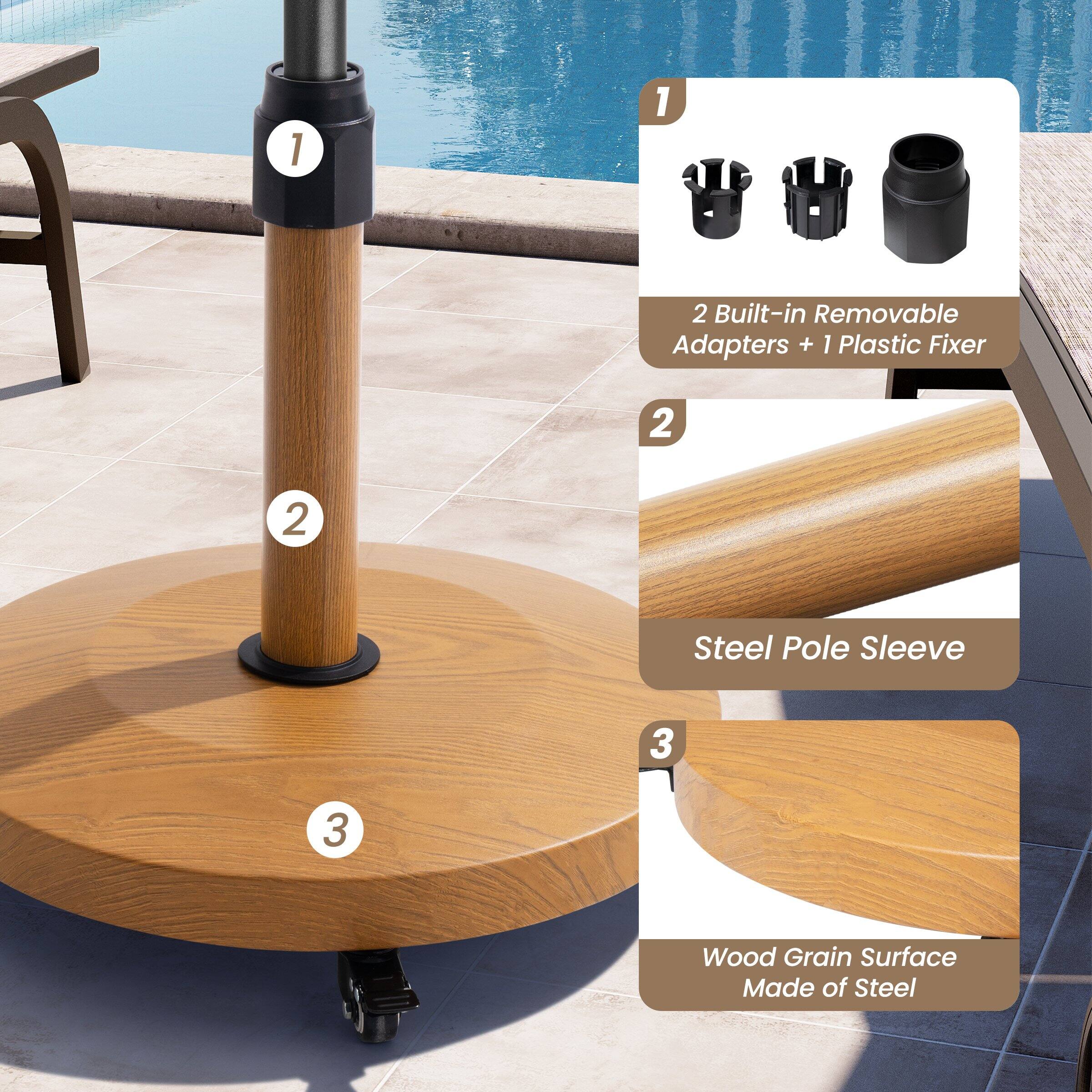 1. 2 Built-in Removable Adapters + 1 Plastic Fixer  
2. Steel Pole Sleeve  
3. Wood Grain Surface Made of Steel