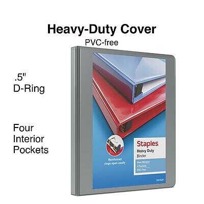 Heavy-Duty Cover  
PVC-free  

.5" D-Ring  

Four Interior Pockets  

Staples  
Heavy Duty Binder  
Reinforced rings open easily  
PVC Free